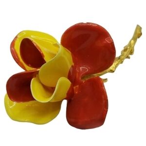 Vintage Enamel Flower Gold Tone Stem Brooch Pin Orange Yellow Large High Gloss